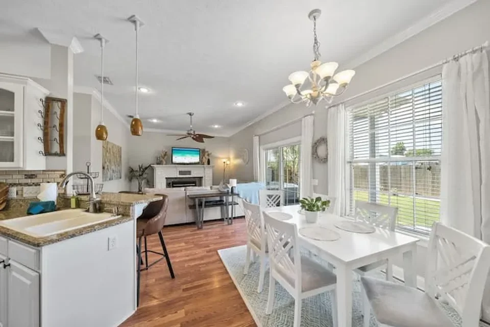 Open dining and living area with comfortable gathering space
