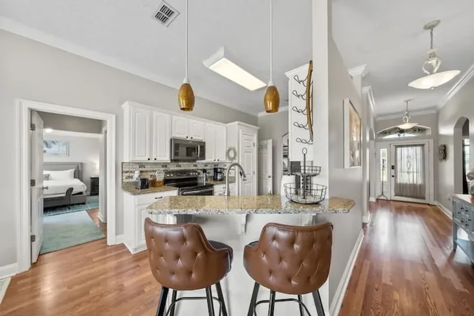 Coastal kitchen island with bar seating